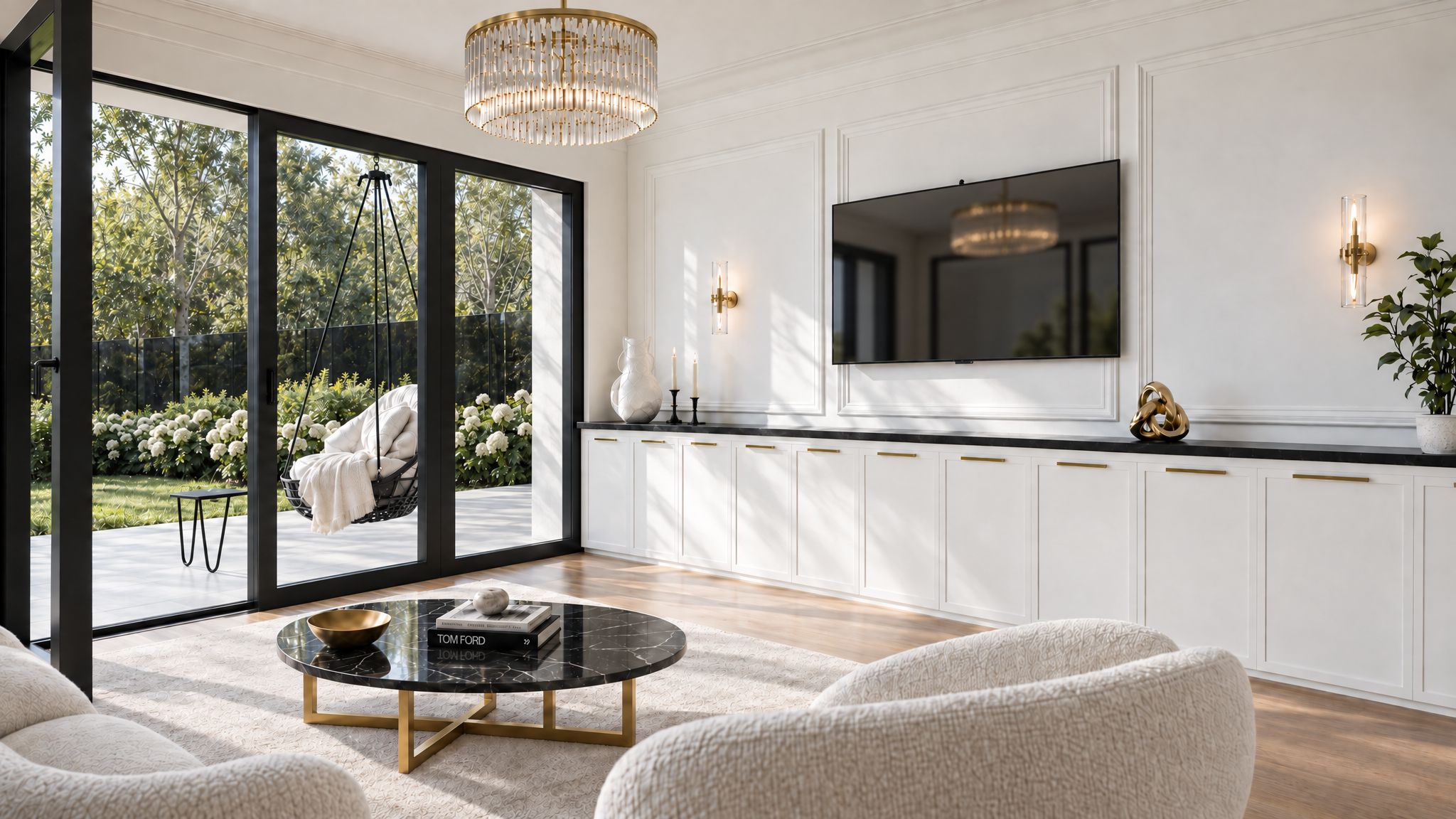 Wohnbereich mit Sideboard und offener Schiebetür zur Terrasse