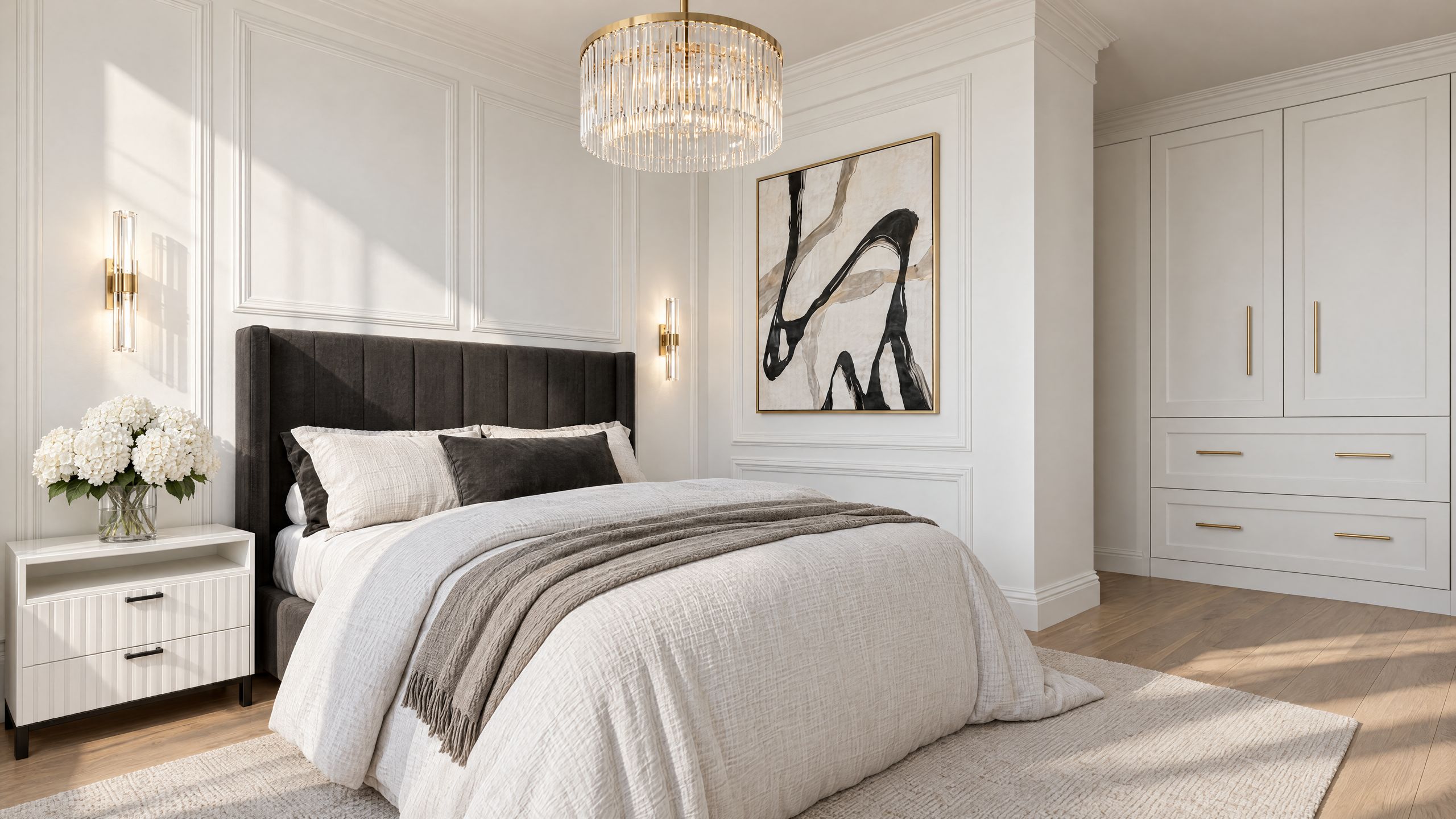 Schlafzimmer mit gepolstertem Kopfteil und Einbauschrank
