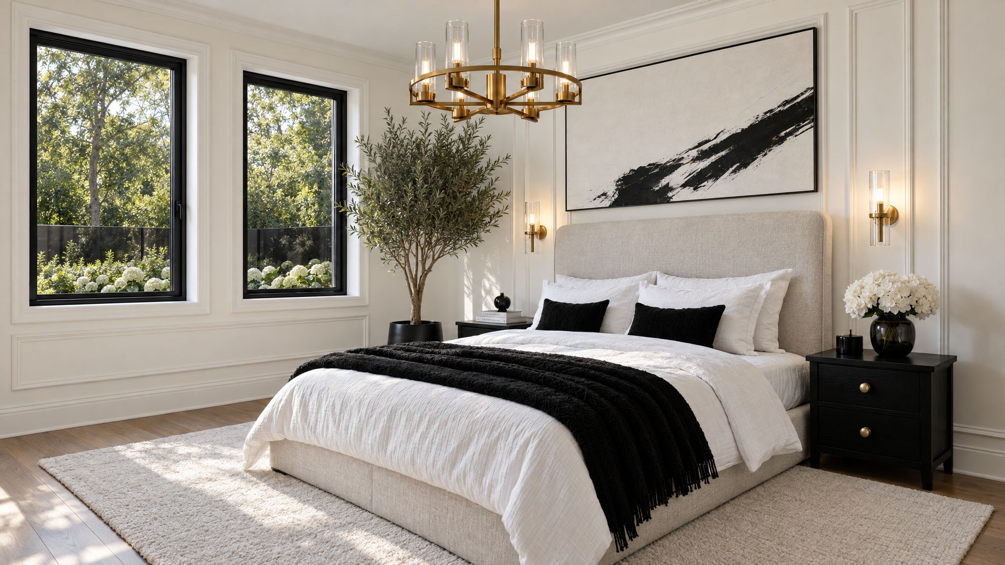 Schlafzimmer mit Fenstern zum Garten