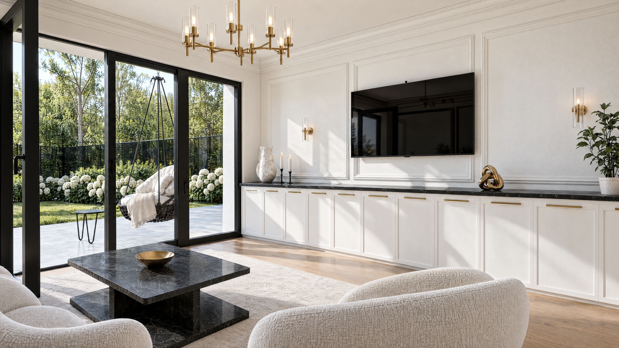 Wohnbereich mit Sideboard und Blick auf Terrasse und Eigengarten