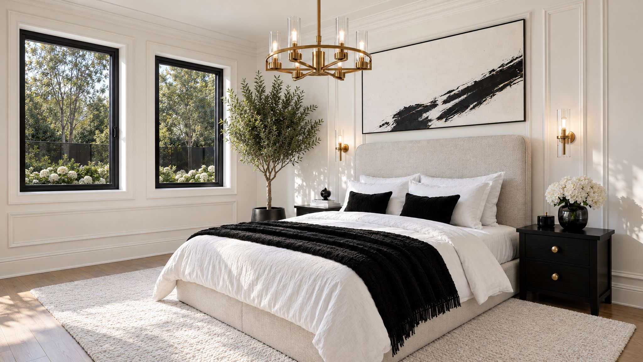 Schlafzimmer mit zwei Fenstern zum Garten