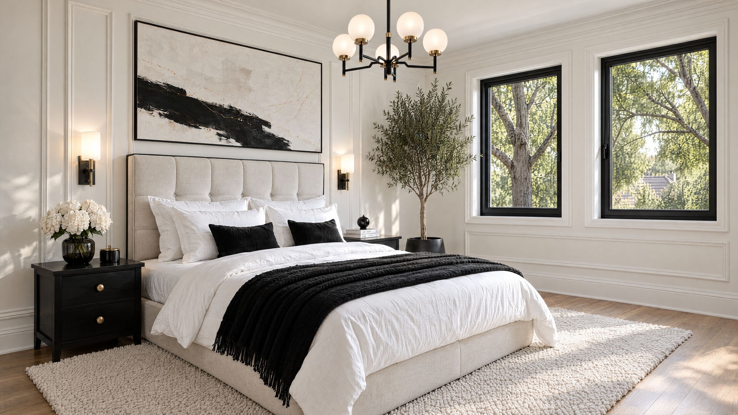 Schlafzimmer mit zwei Fenstern zum Grün