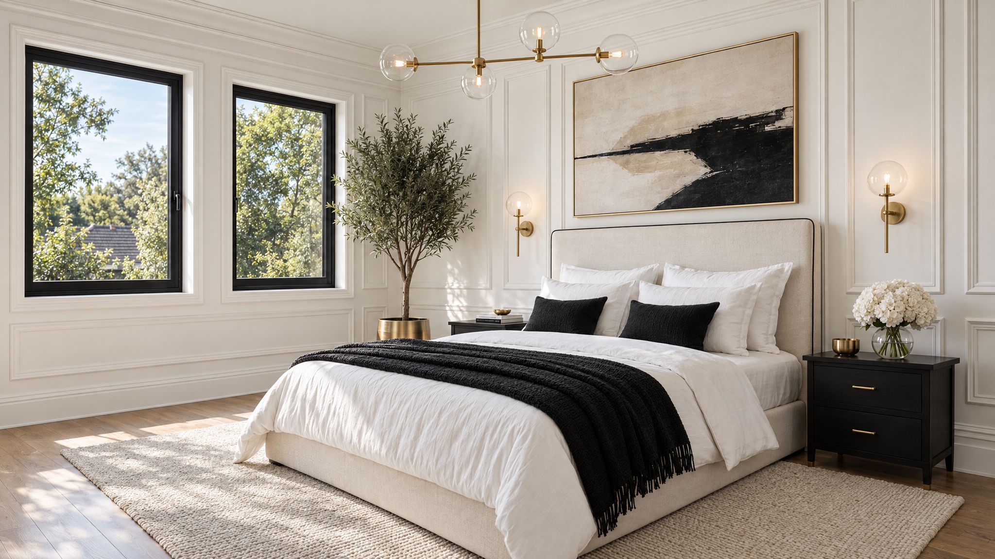 Schlafzimmer mit zwei Fenstern
