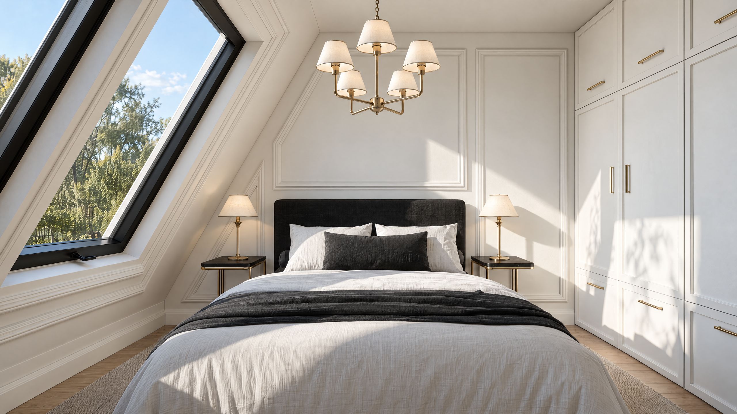 Schlafzimmer unter der Dachschräge mit Dachflächenfenster