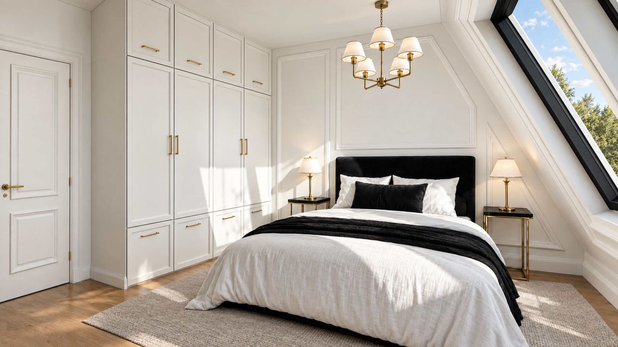 Schlafzimmer mit Einbauschränken unter der Dachschräge
