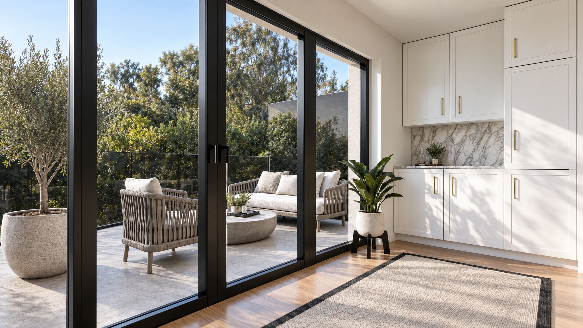 Küche mit raumhoher Verglasung zur Dachterrasse