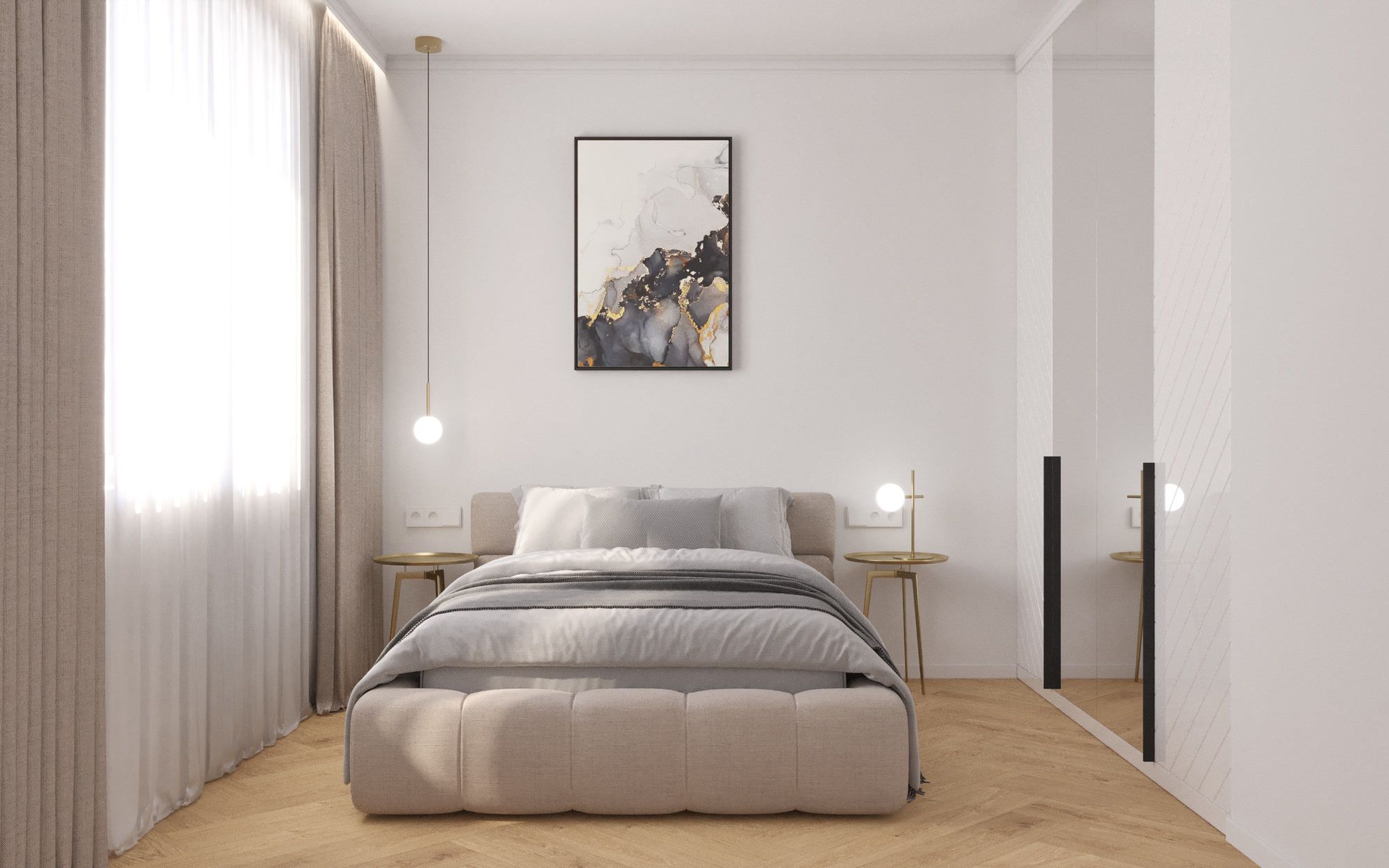 Schlafzimmer mit Fischgrätparkett