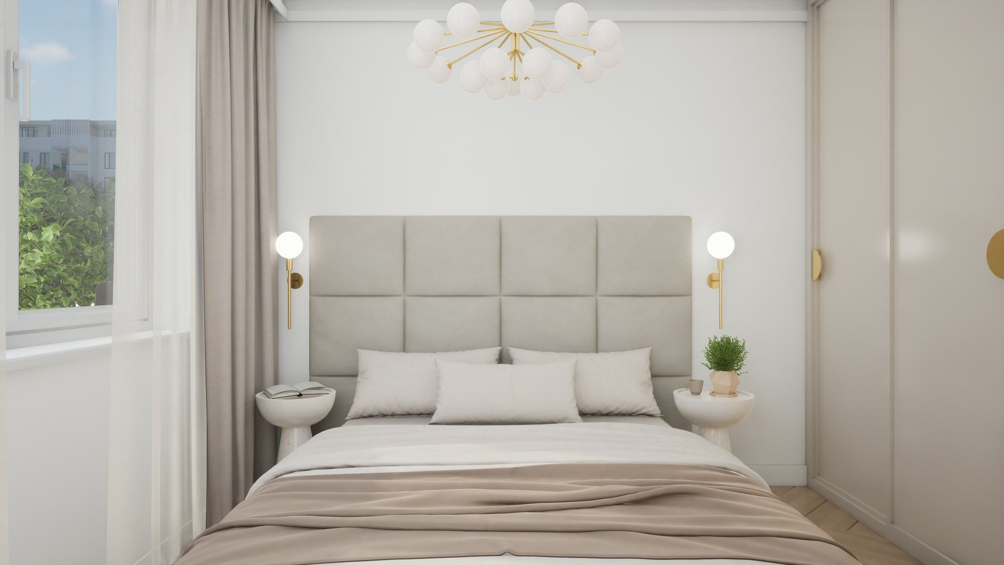 Schlafzimmer mit gepolstertem Kopfteil