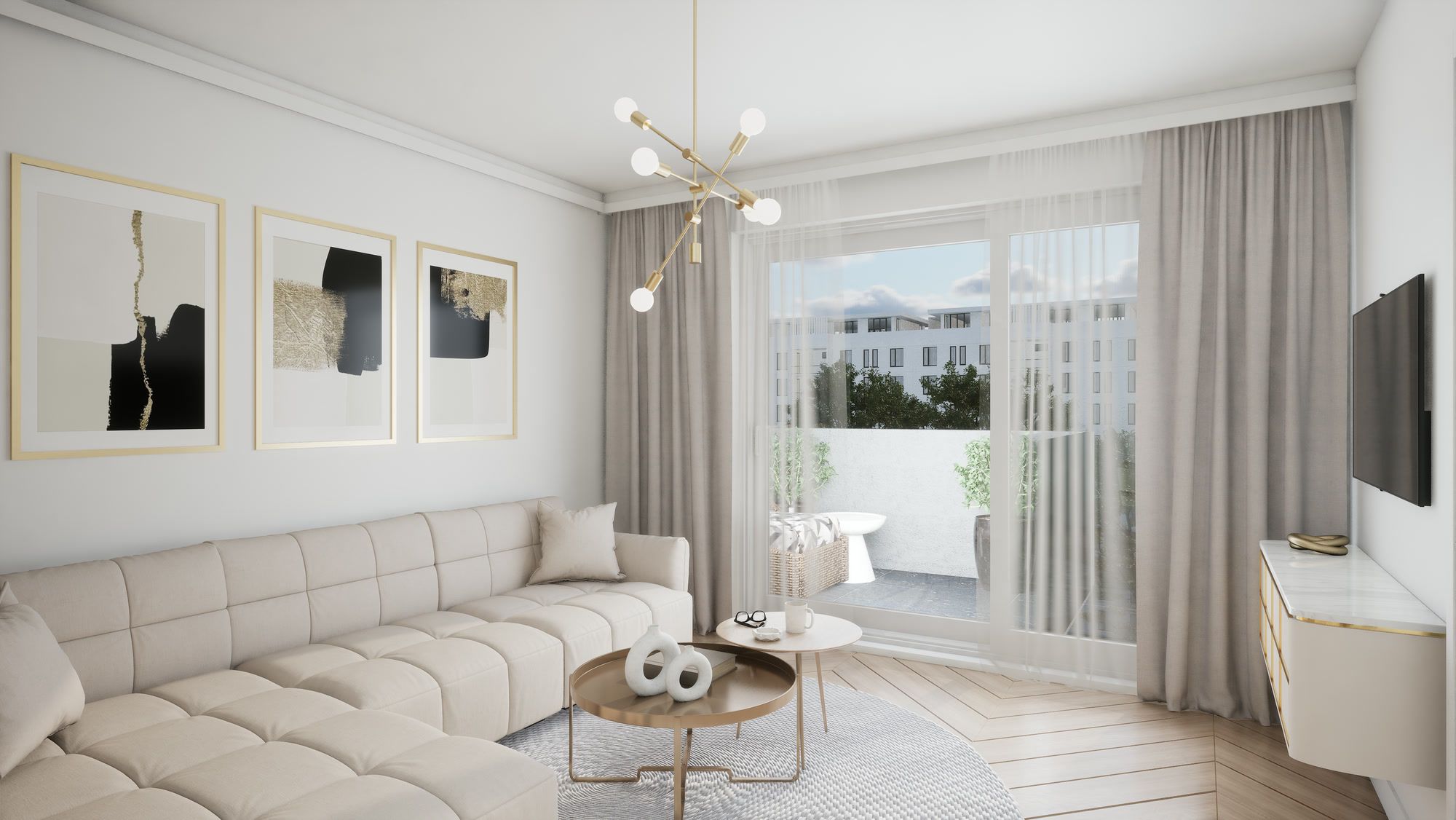 Wohnküche mit Sitzbereich und Zugang zur Loggia