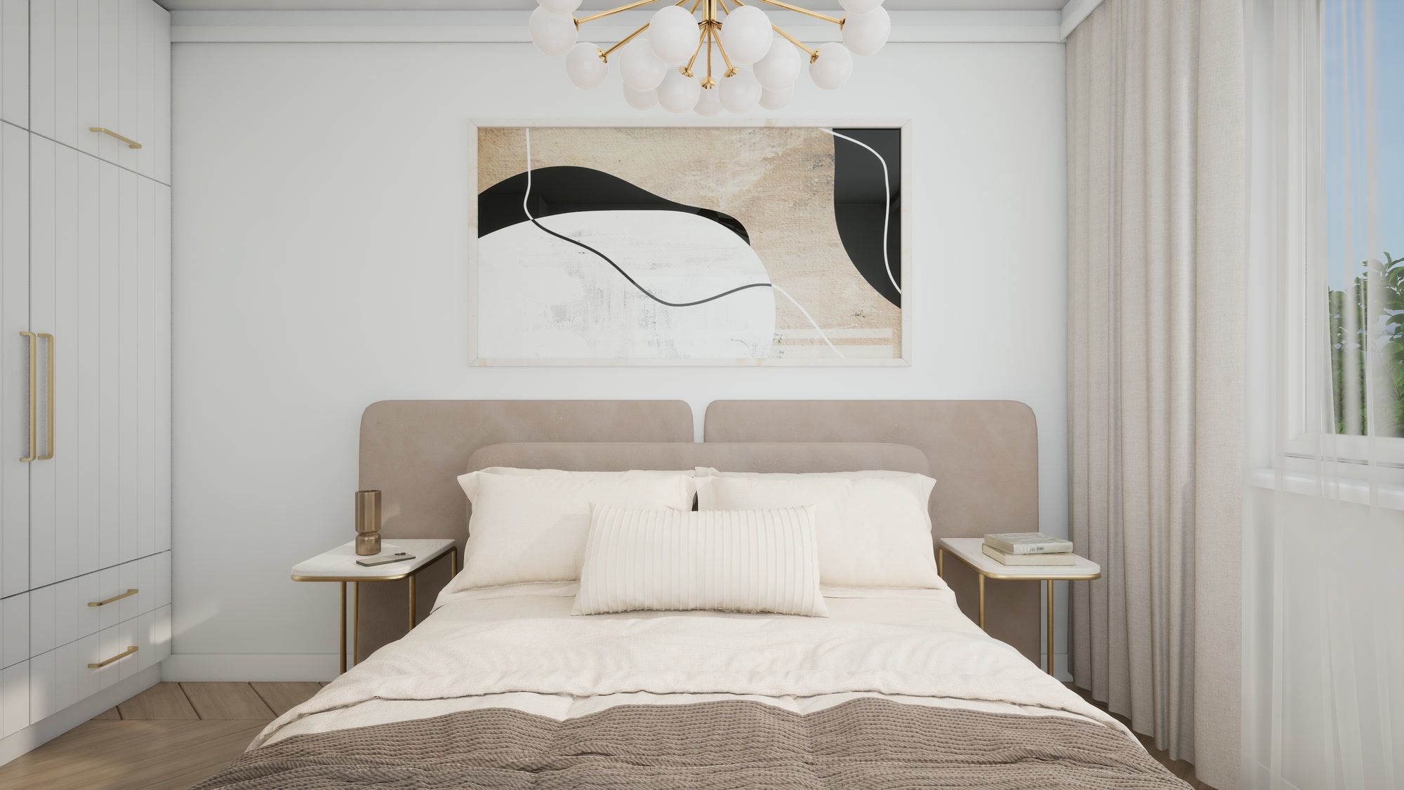 Schlafzimmer mit bodentiefem Fenster