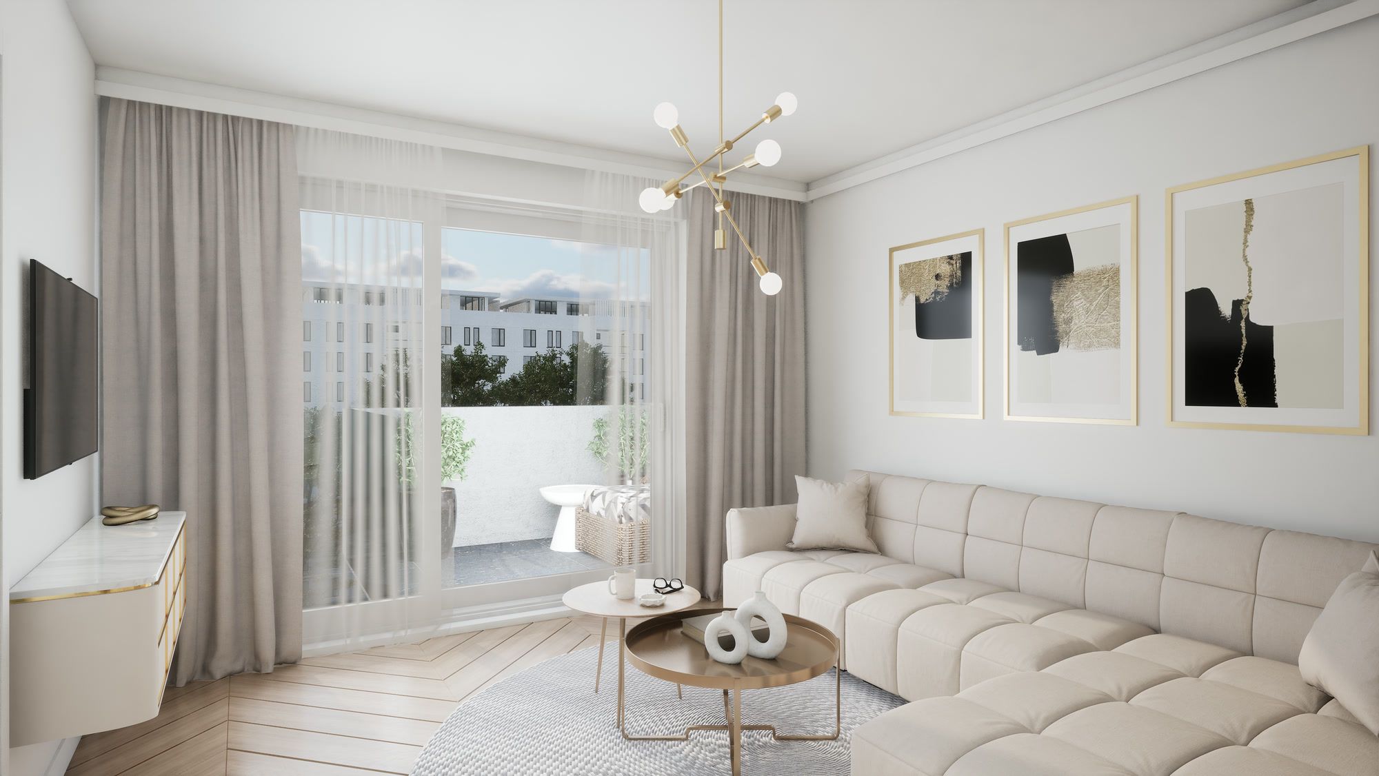 Wohnküche mit Sofa und Zugang zur Loggia