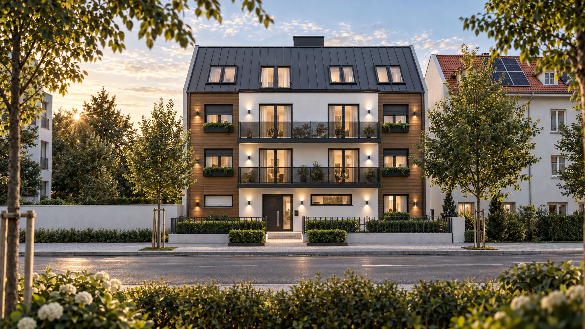 Mona Residence, Straßenansicht des Wohnhauses in der Josef-Flandorfer-Straße
