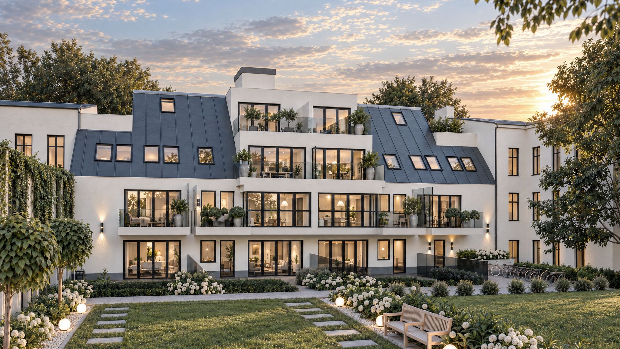 Rußberg, Abendstimmung über dem begrünten Innenhof der Wohnhausanlage