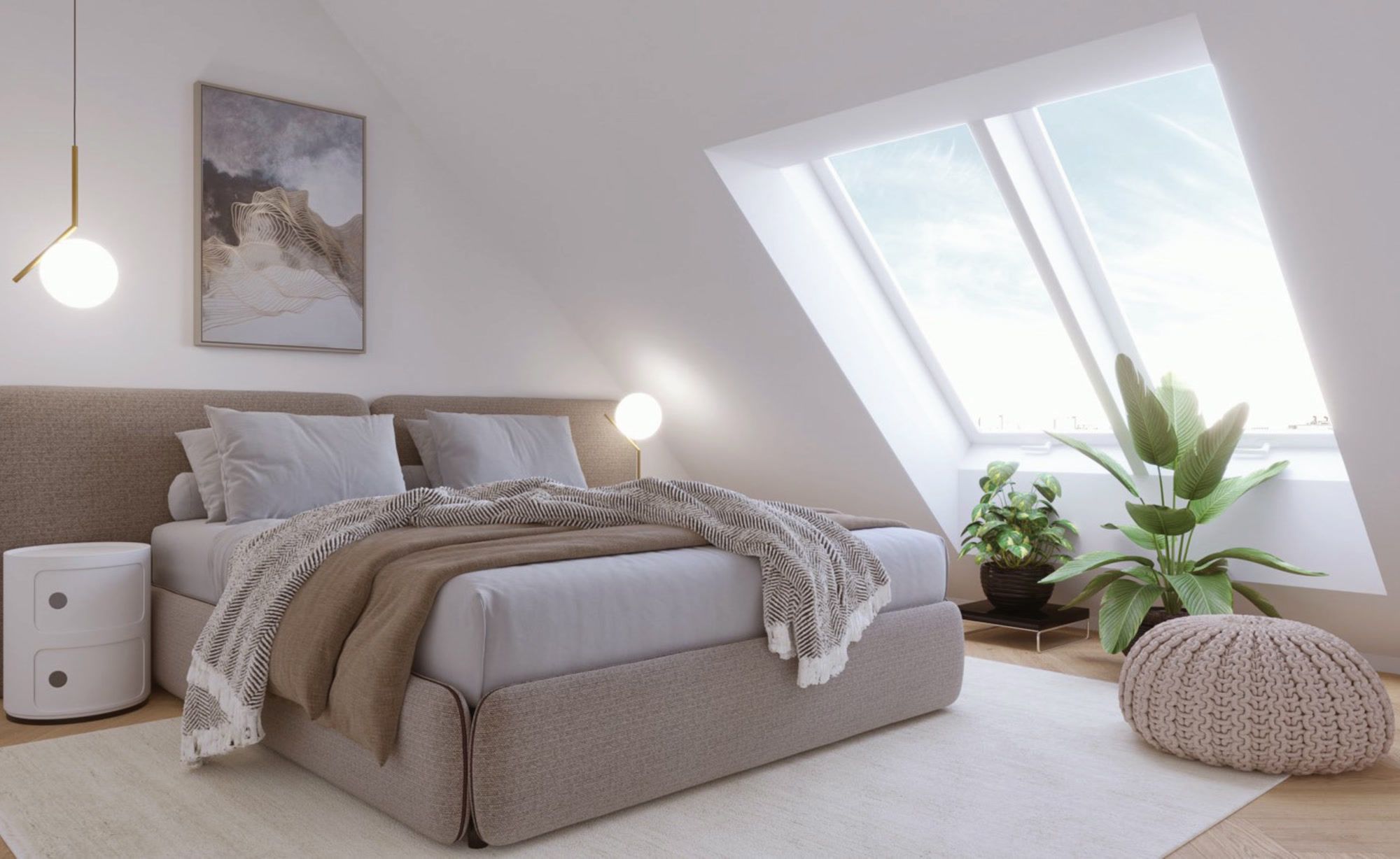 Schlafzimmer unterm Dach mit Dachflächenfenstern