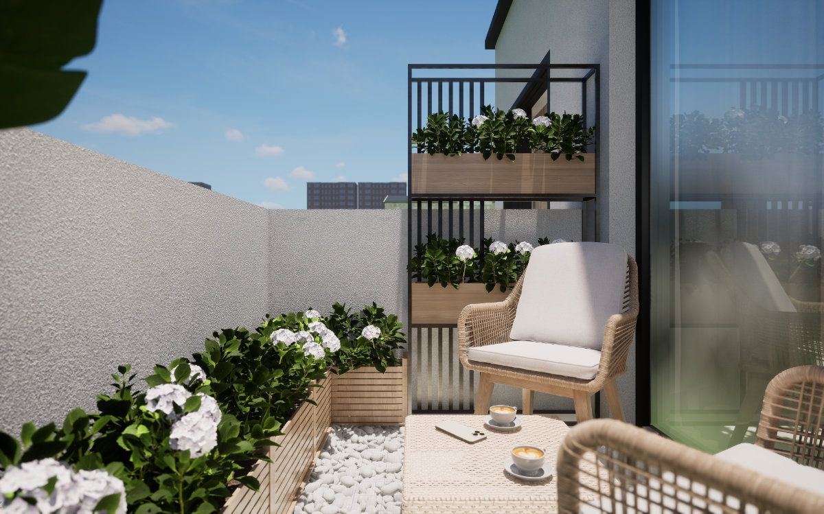 Terrassenplatz mit Rankgitter und Hortensien